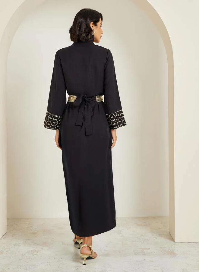 Amirah  Women Black Embroidered Front Panel Belted Jalabiya for Women | Best Price UAE