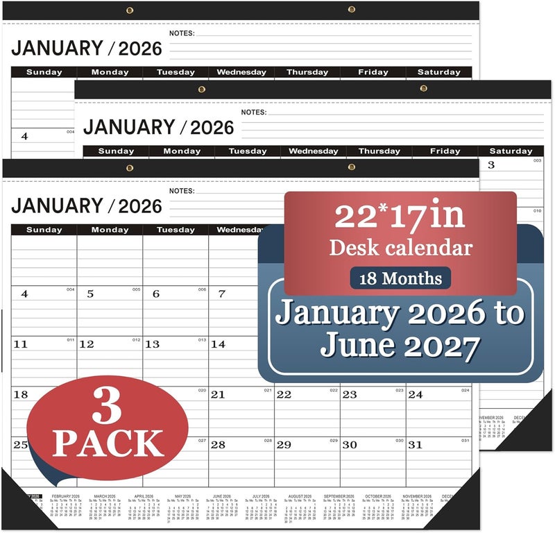 تقويم مكتبي 2026 كبير 22 × 17، تقويم مكتبي 2026 - حزمة 3 قطع - يناير 2026 - يونيو 2027، تقويم 2026، أسود كلاسيكي، تقويم كبير 2026-2027 مع علبة بلاستيكية - Image 1
