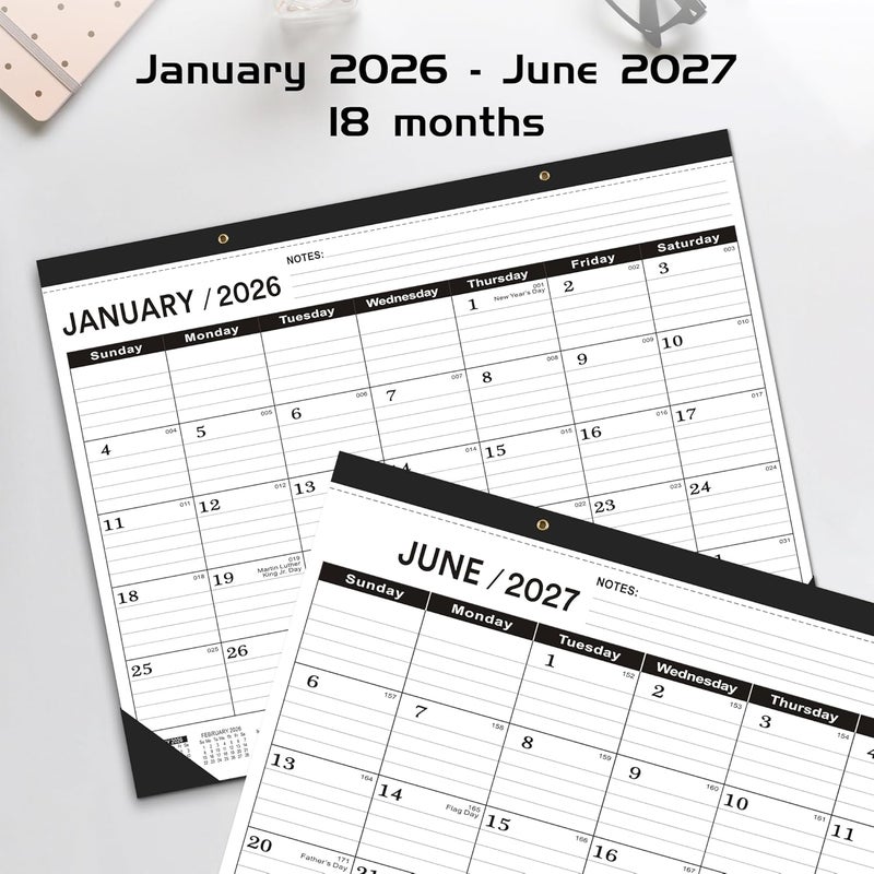 تقويم مكتبي 2026 كبير 22 × 17، تقويم مكتبي 2026 - حزمة 3 قطع - يناير 2026 - يونيو 2027، تقويم 2026، أسود كلاسيكي، تقويم كبير 2026-2027 مع علبة بلاستيكية - Image 2