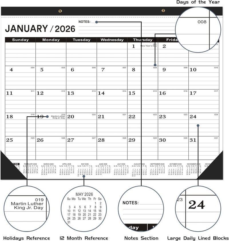 تقويم مكتبي 2026 كبير 22 × 17، تقويم مكتبي 2026 - حزمة 3 قطع - يناير 2026 - يونيو 2027، تقويم 2026، أسود كلاسيكي، تقويم كبير 2026-2027 مع علبة بلاستيكية - Image 5