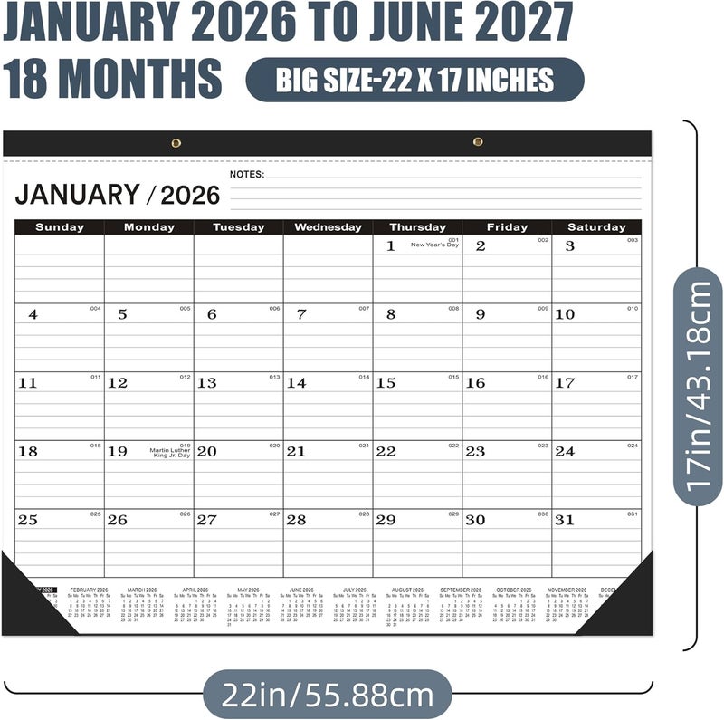تقويم مكتبي 2026 كبير 22 × 17، تقويم مكتبي 2026 - حزمة 3 قطع - يناير 2026 - يونيو 2027، تقويم 2026، أسود كلاسيكي، تقويم كبير 2026-2027 مع علبة بلاستيكية - Image 3