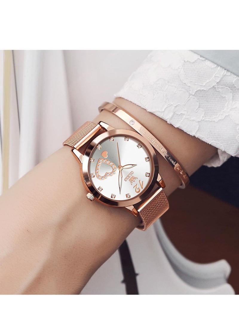 أوليفز ساعة OLEVS النسائية، ساعة معصم صغيرة باللون الذهبي الوردي والألماس اللطيف على شكل قلب وأرقام عربية للنساء، ساعة رسمية عصرية مقاومة للماء بسوار شبكي تناظري - Image 5