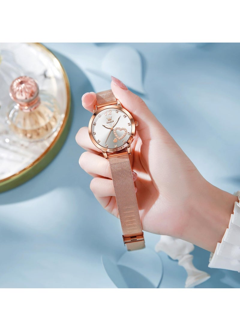 أوليفز ساعة OLEVS النسائية، ساعة معصم صغيرة باللون الذهبي الوردي والألماس اللطيف على شكل قلب وأرقام عربية للنساء، ساعة رسمية عصرية مقاومة للماء بسوار شبكي تناظري - Image 3