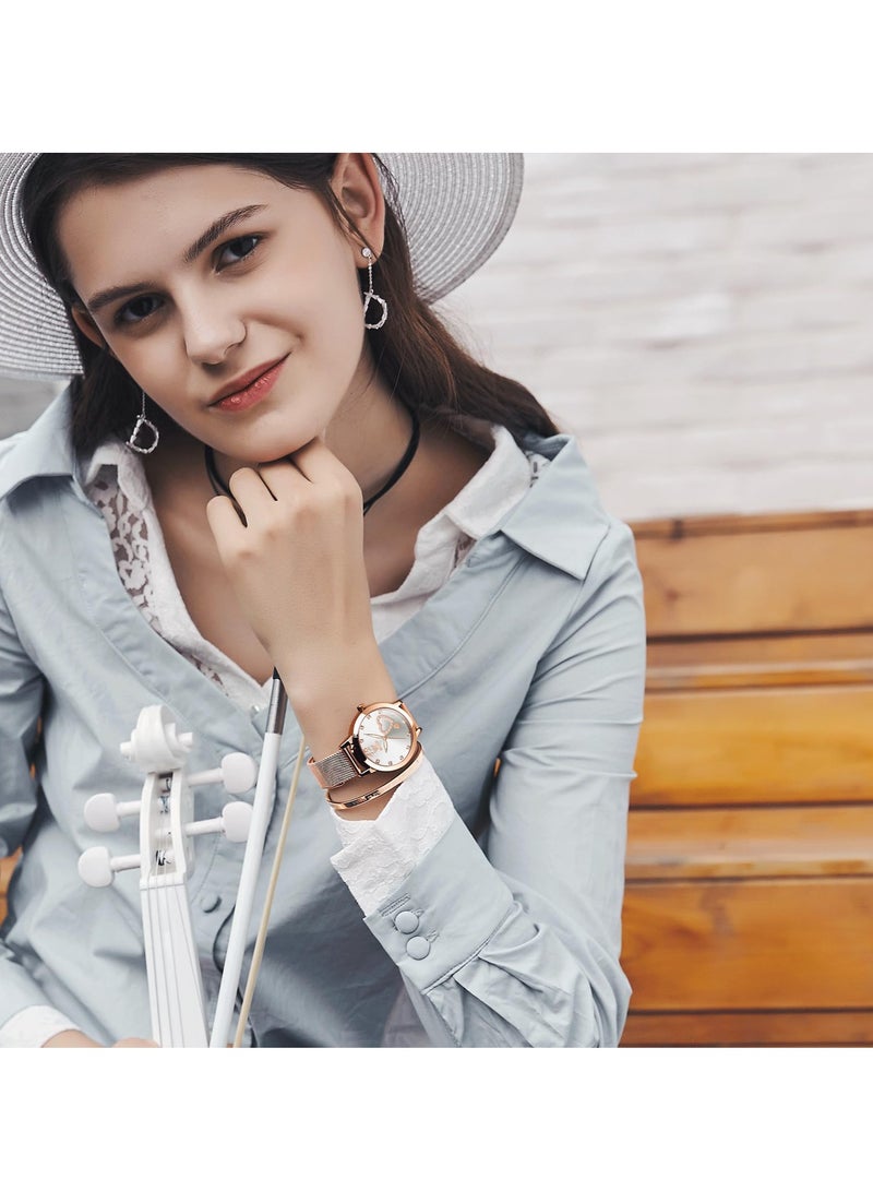 أوليفز ساعة OLEVS النسائية، ساعة معصم صغيرة باللون الذهبي الوردي والألماس اللطيف على شكل قلب وأرقام عربية للنساء، ساعة رسمية عصرية مقاومة للماء بسوار شبكي تناظري - Image 4