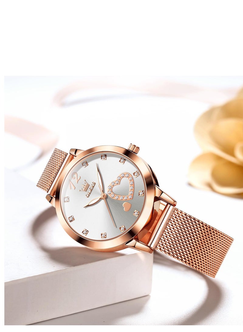 أوليفز ساعة OLEVS النسائية، ساعة معصم صغيرة باللون الذهبي الوردي والألماس اللطيف على شكل قلب وأرقام عربية للنساء، ساعة رسمية عصرية مقاومة للماء بسوار شبكي تناظري - Image 2