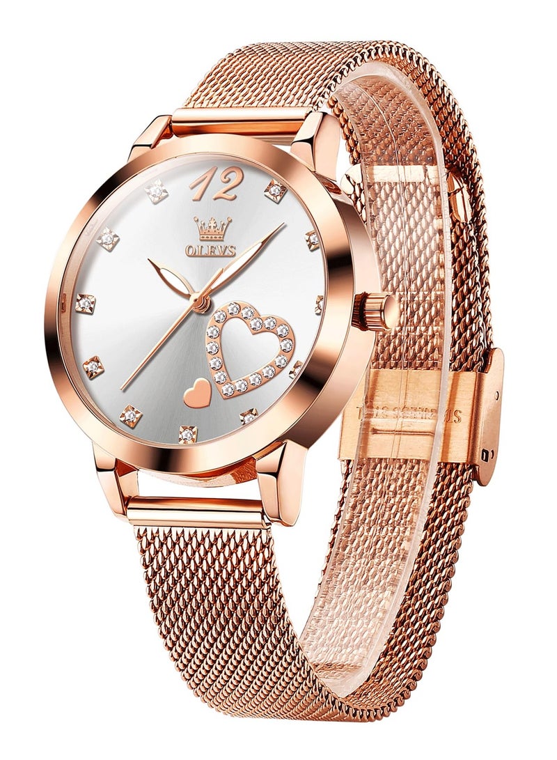 أوليفز ساعة OLEVS النسائية، ساعة معصم صغيرة باللون الذهبي الوردي والألماس اللطيف على شكل قلب وأرقام عربية للنساء، ساعة رسمية عصرية مقاومة للماء بسوار شبكي تناظري - Image 1