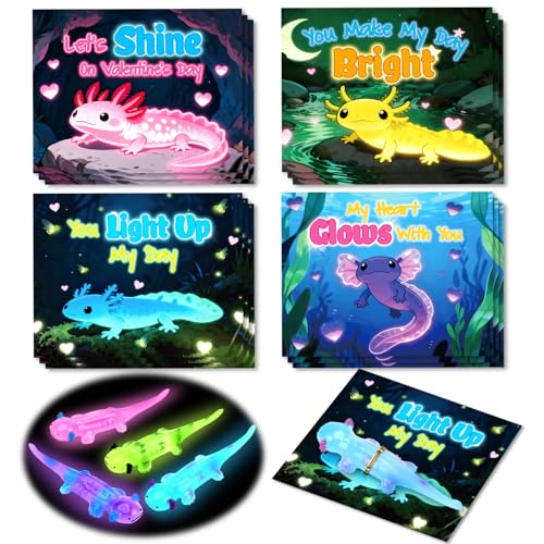 AuroTops Valentines Day Gifts for Kids24 Pack Glow in The Dark Axolotl Toys with Valentines Day Cards for Kids School Classroom Exchange Gifts for Boys Girls Fidget Toys Bulk Kids Party Favors - Image 1