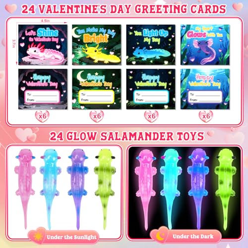 AuroTops Valentines Day Gifts for Kids24 Pack Glow in The Dark Axolotl Toys with Valentines Day Cards for Kids School Classroom Exchange Gifts for Boys Girls Fidget Toys Bulk Kids Party Favors - Image 5