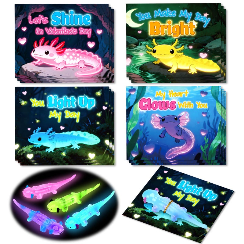 AuroTops Valentines Day Gifts for Kids24 Pack Glow in The Dark Axolotl Toys with Valentines Day Cards for Kids School Classroom Exchange Gifts for Boys Girls Fidget Toys Bulk Kids Party Favors - Image 3