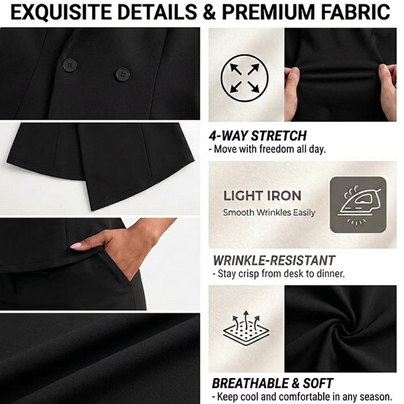 Kafiloe Pant Suits for Women Dressy 2 Piece Business Casual Outfits Sleeveless Blazer Vest Straight Pants Set Black L - Image 4