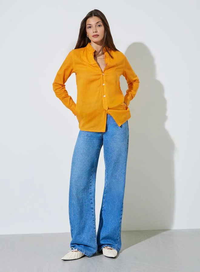 ستايلي Orange Solid Long Sleeves Button Front Blouse