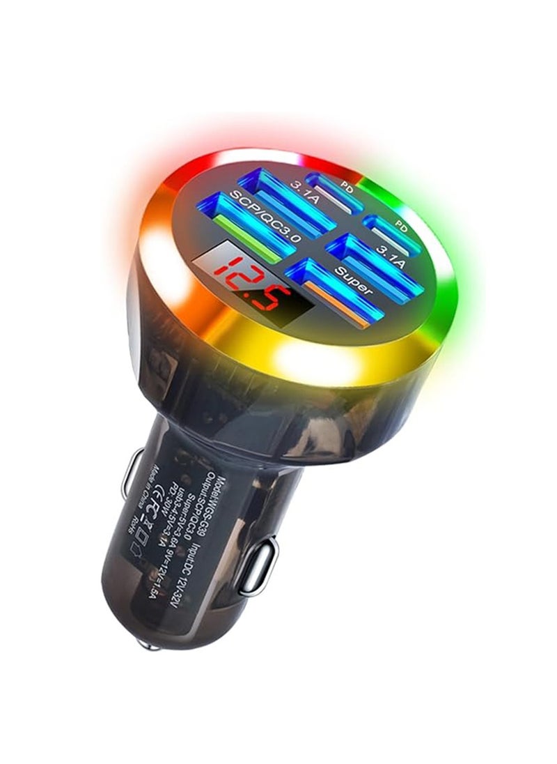 X-level - Car Charger,Super Fast Charge USB C Car Phone Charger Adapter 6 in 1 with Voltage Display 250W Multi USB Charger with Volt Meter for iPhone 16 15 Pro Max 14 Plus 13 Samsung Android Phone - Image 1