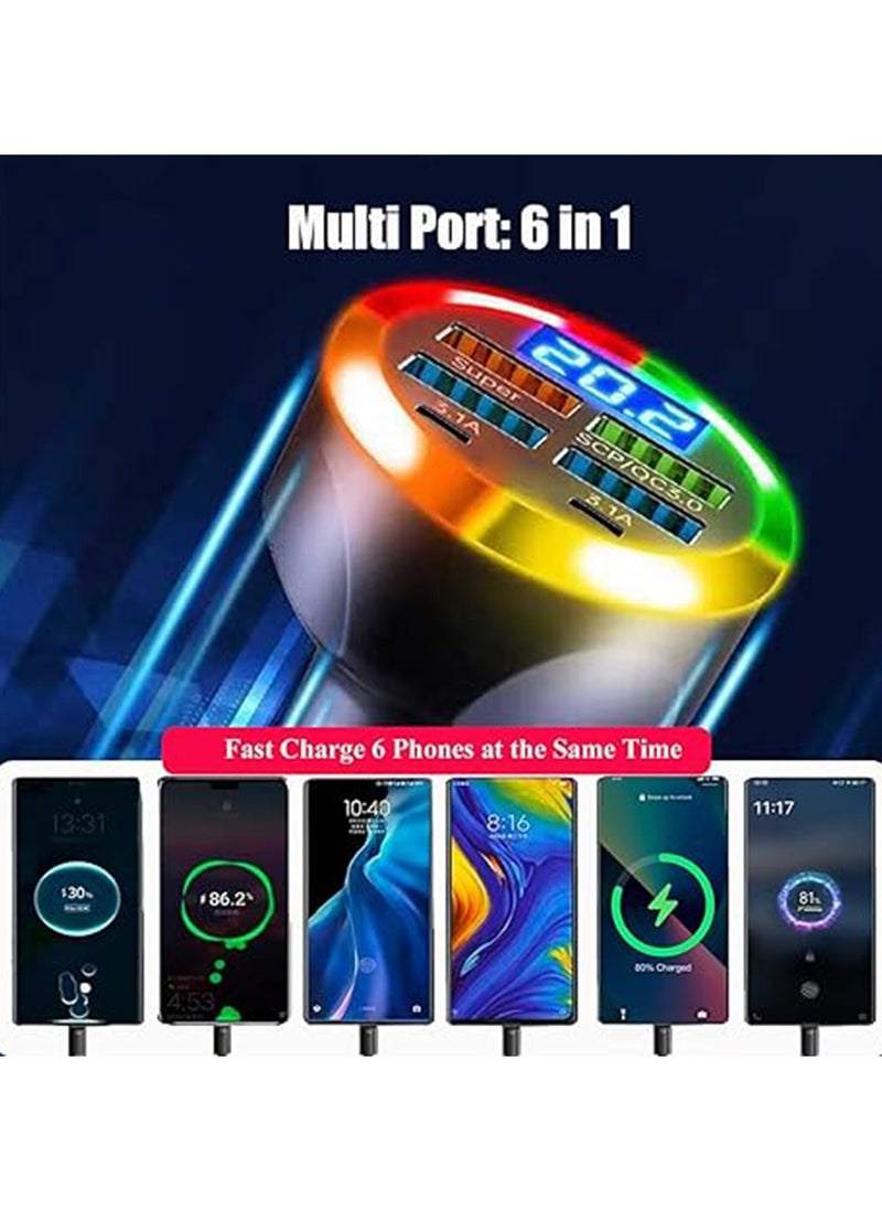 X-level - Car Charger,Super Fast Charge USB C Car Phone Charger Adapter 6 in 1 with Voltage Display 250W Multi USB Charger with Volt Meter for iPhone 16 15 Pro Max 14 Plus 13 Samsung Android Phone - Image 1