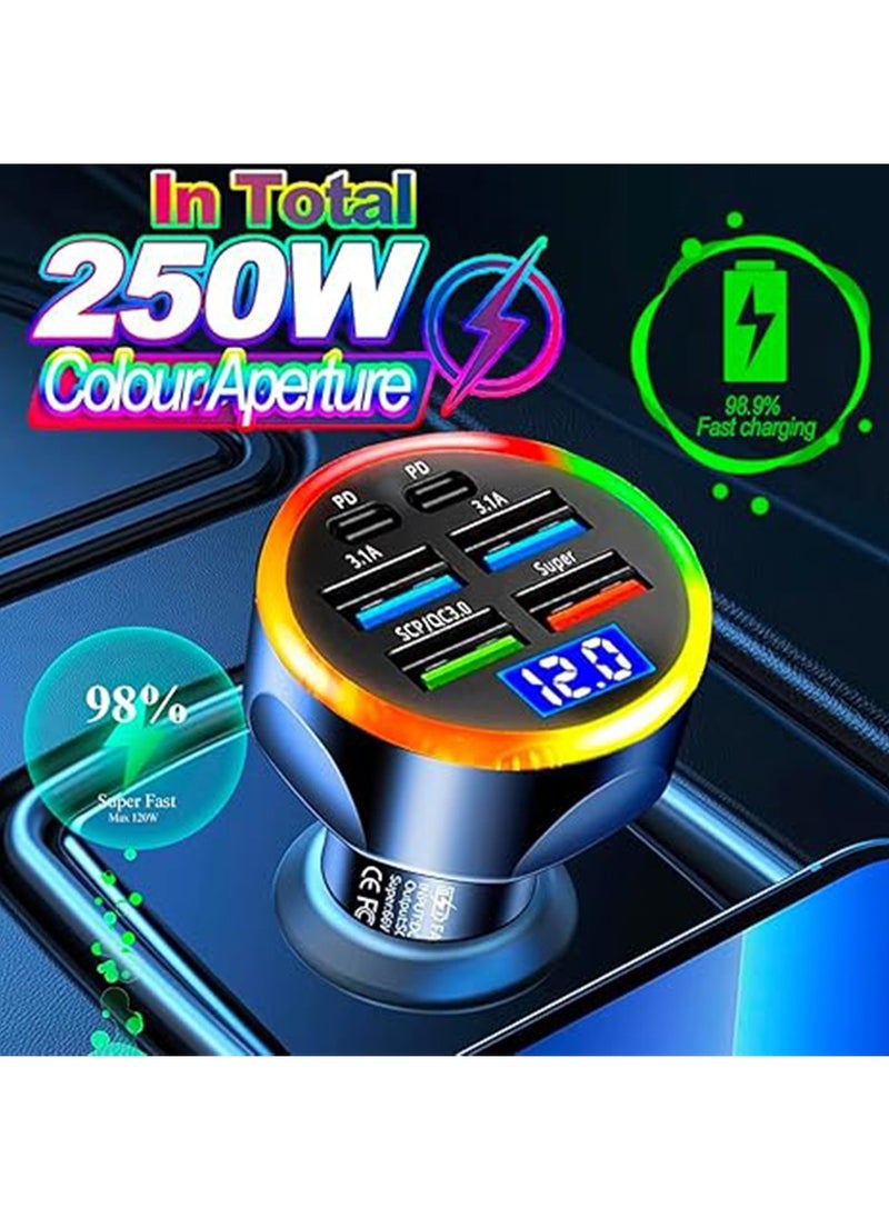 X-level - Car Charger,Super Fast Charge USB C Car Phone Charger Adapter 6 in 1 with Voltage Display 250W Multi USB Charger with Volt Meter for iPhone 16 15 Pro Max 14 Plus 13 Samsung Android Phone - Image 1