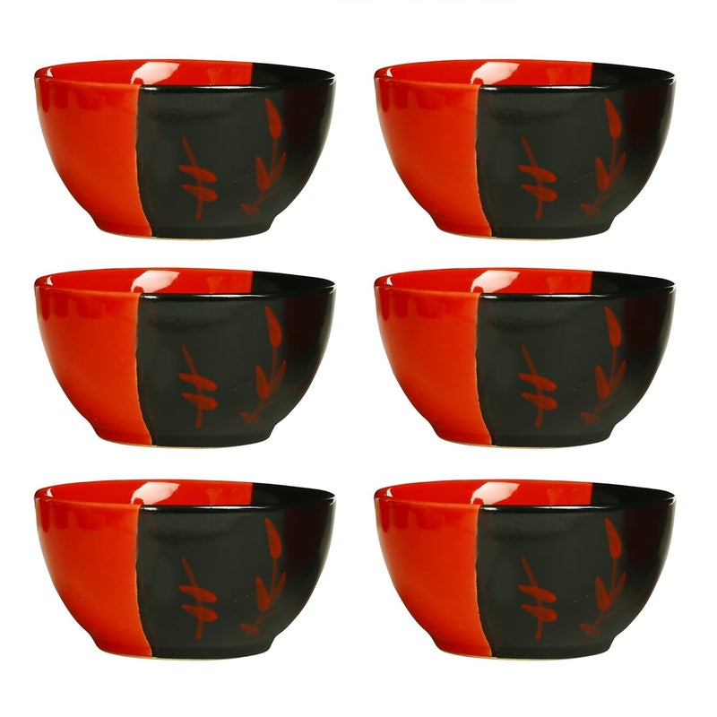 Caffeine Ceramic Handmade Glossy Black and Red Dining Bowl Set of 6pcs - Image 1