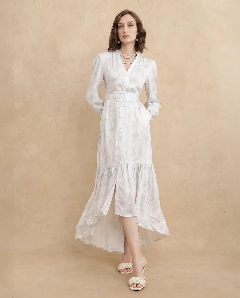 Rareism Rareism Women's Freno Off White Cotton Blend Fabric V-Neck Button Closure Full Sleeve Floral Print Straight Fit Maxi Dress