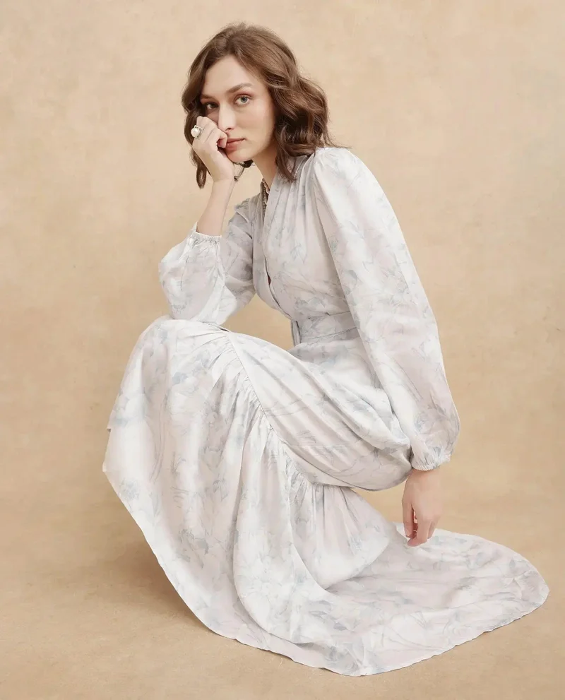 Rareism Rareism Women's Freno Off White Cotton Blend Fabric V-Neck Button Closure Full Sleeve Floral Print Straight Fit Maxi Dress