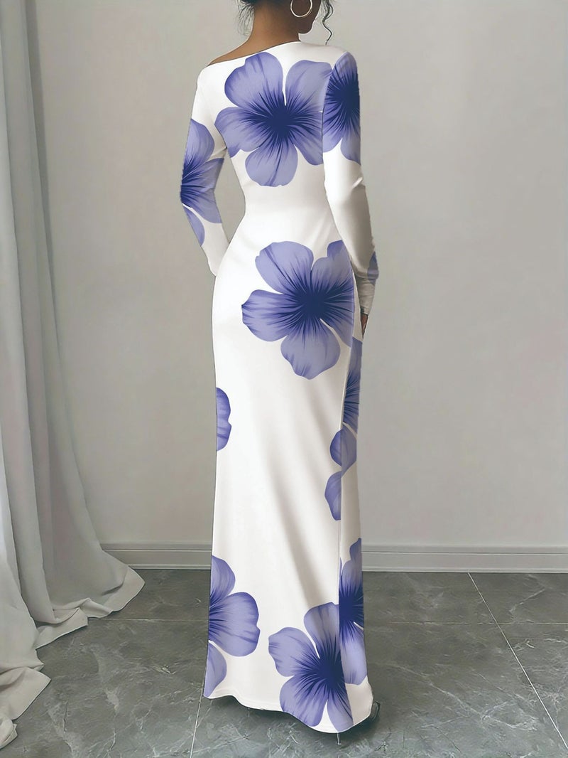 Elegant Fitted One-Shoulder Dress, Polyester Bodycon Midi Dress for Women - Image 1