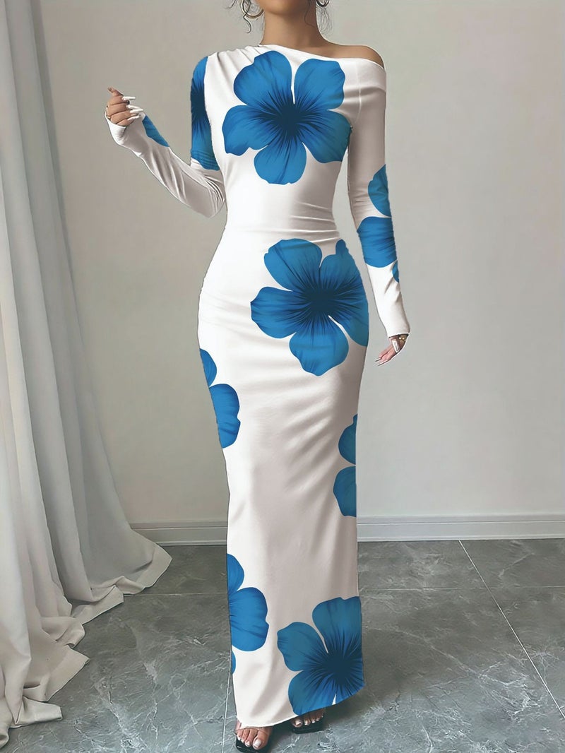 Elegant Fitted One-Shoulder Dress, Polyester Bodycon Midi Dress for Women - Image 2
