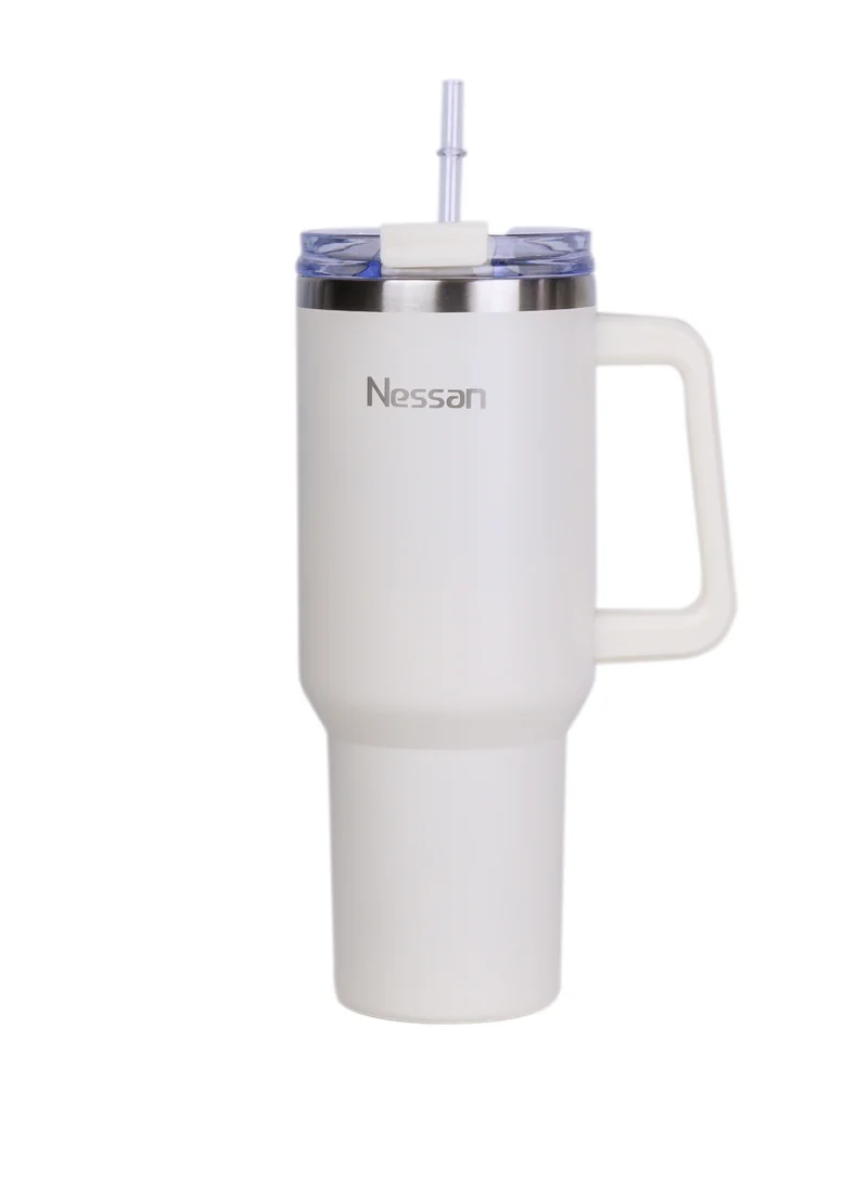 نيسان Nessan Double Wall Stainless Steel Vacuum Insulated Travel Mug Tumbler with Dual Function Lid and Straw for Water, Iced Tea or Hot Coffee, Smoothie and More (Cream, 1200ml)