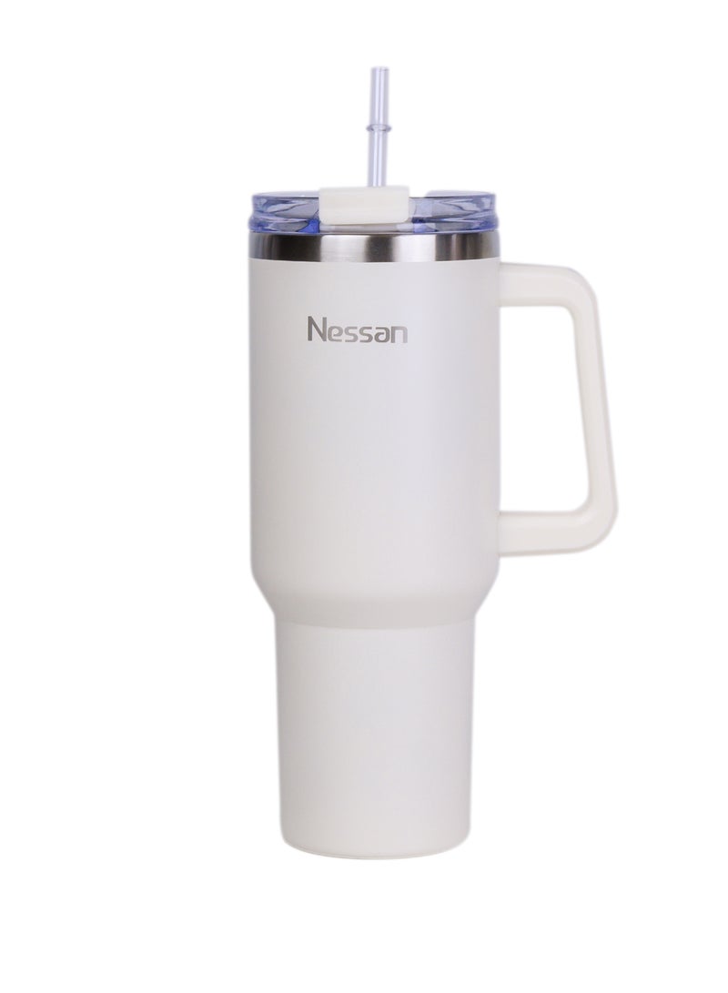 Nessan Double Wall Stainless Steel Vacuum Insulated Travel Mug Tumbler with Dual Function Lid and Straw for Water, Iced Tea or Hot Coffee, Smoothie and More (Cream, 1200ml) - Image 1