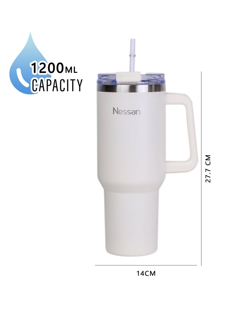 Nessan Double Wall Stainless Steel Vacuum Insulated Travel Mug Tumbler with Dual Function Lid and Straw for Water, Iced Tea or Hot Coffee, Smoothie and More (Cream, 1200ml) - Image 3