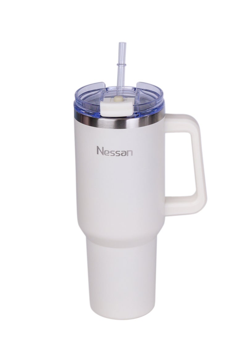 Nessan Double Wall Stainless Steel Vacuum Insulated Travel Mug Tumbler with Dual Function Lid and Straw for Water, Iced Tea or Hot Coffee, Smoothie and More (Cream, 1200ml) - Image 2