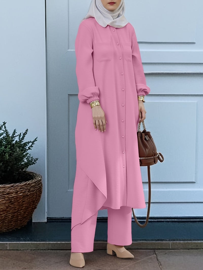 New Arabian 2pcs Abaya Set - Women'S Elegant Multi-Button Solid Color Long Sleeve Wide-Leg Pants Without for Ramadan Spring Autumn Daily Commute - Image 3
