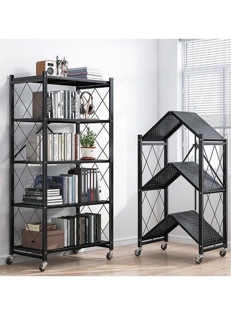 رف ميكروويف من 5 طبقات على سطح المطبخ - رف فرن قابل للطي مع عجلات، رف تخزين متين، رف أدوات الطهي والتخزين اليومي، رف دوار متعدد الأغراض للطهي والتخزين، مناسب للمنزل والمطعم والمقاهي وشاحنة الطعام والمبيت والمكتب والشقق والمطبخ الصغير والسيارة الترفيهية والمنزل المستأجر. - Image 1