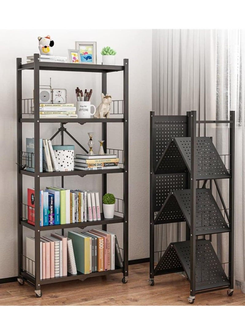 رف ميكروويف من 5 طبقات على سطح المطبخ - رف فرن قابل للطي مع عجلات، رف تخزين متين، رف أدوات الطهي والتخزين اليومي، رف دوار متعدد الأغراض للطهي والتخزين، مناسب للمنزل والمطعم والمقاهي وشاحنة الطعام والمبيت والمكتب والشقق والمطبخ الصغير والسيارة الترفيهية والمنزل المستأجر. - Image 3