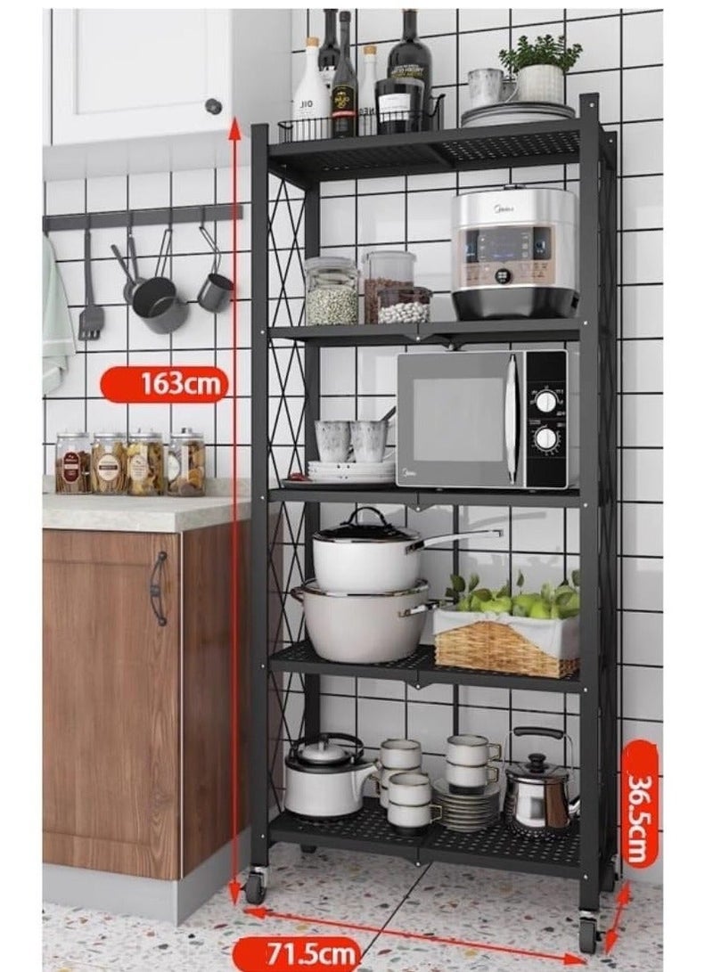 رف ميكروويف من 5 طبقات على سطح المطبخ - رف فرن قابل للطي مع عجلات، رف تخزين متين، رف أدوات الطهي والتخزين اليومي، رف دوار متعدد الأغراض للطهي والتخزين، مناسب للمنزل والمطعم والمقاهي وشاحنة الطعام والمبيت والمكتب والشقق والمطبخ الصغير والسيارة الترفيهية والمنزل المستأجر. - Image 2