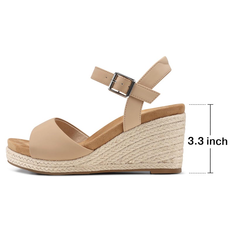 SHIBEVER Women's Wedge Platform Sandals: Espadrille Dressy Comfortable Summer Open Toe Ankle Strap Buckle Women Sandal Nude Size 8 - Image 5
