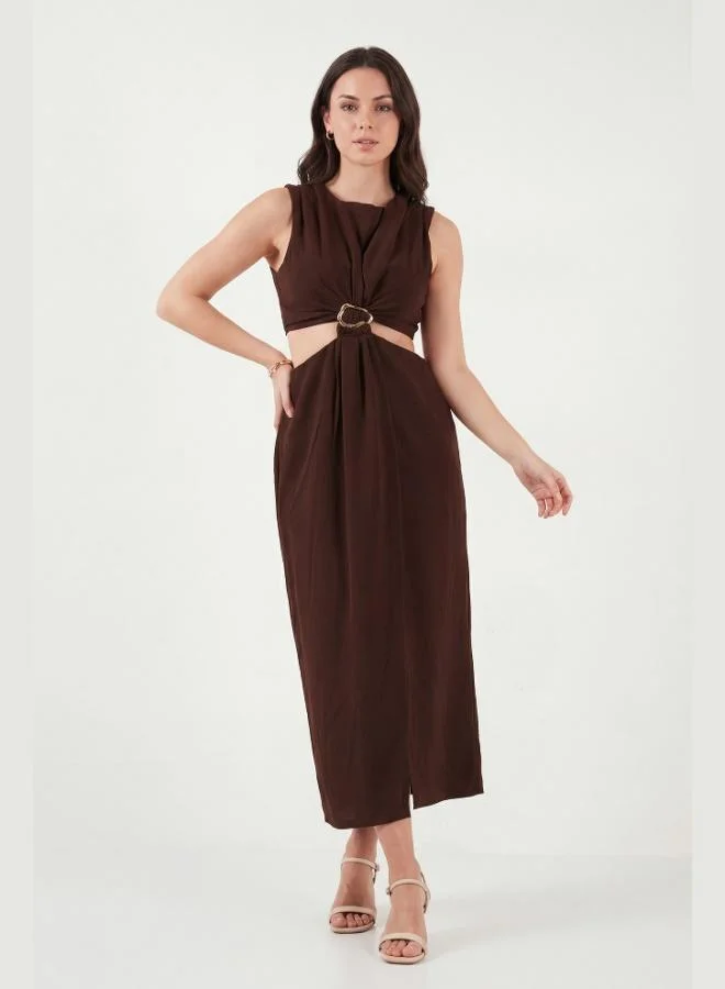 Lela Lela A-Line Bicycle Collar Slit Midi Dress with Accessory Details Women's Dress 6525743