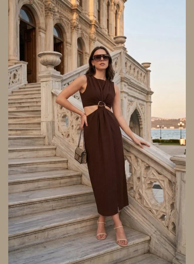 Lela Lela A-Line Bicycle Collar Slit Midi Dress with Accessory Details Women's Dress 6525743