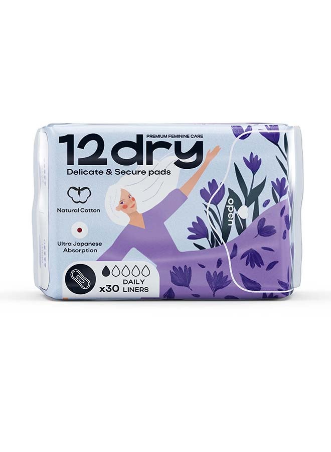 12dry Ultra Thin Panty Liners Pads 30 Count for Daily Freshness Breathable Leak Proof Odor Control Soft Comfort Surface Secure Stay Put Fit Sustainable FDA CE Certified Single Pack - Image 1