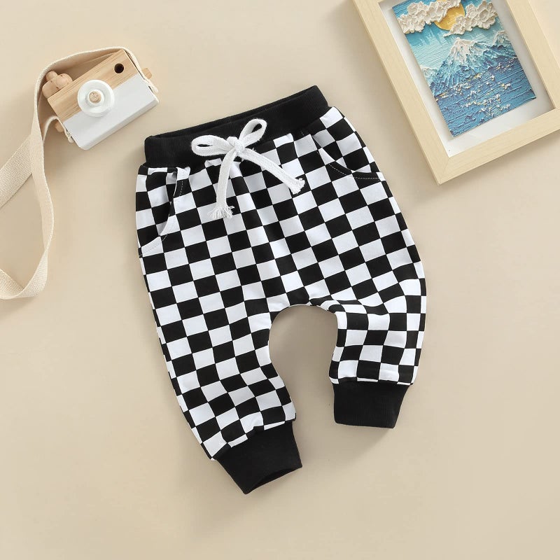 Thilsidee Toddler Baby Boy Girl Checkerboard Plaid Pants Elastic Waist Casual Trousers Spring Summer Fall Winter Long Pants (A-Black, 18-24 Months) - Image 2