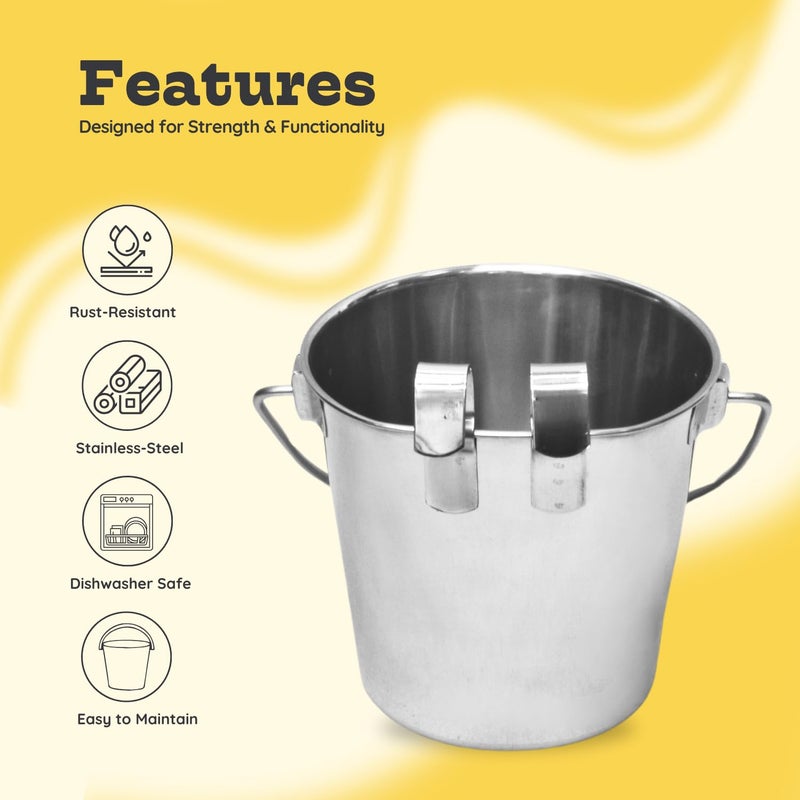 AASPIRE PETS 9 Quart Stainless Steel Flat Sided Bucket with Dual Hooks | 2 Pcs Food & Water Bowl for XL Dog Goat Cattle Horse & Livestock | Fits kennel Crate Cages Farm Hanging Pet Pail | Multipurpose - Image 3