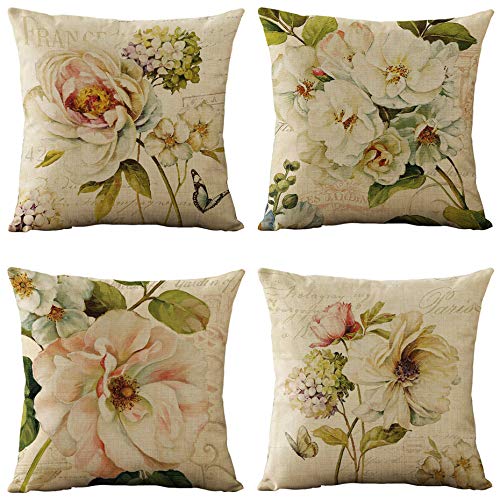 WOMHOPE WOMHOPE Set of 4 Vintage Spring Flower Decorative Throw Pillow Covers Pillow Cases Cushion Cases Burlap Toss Throw Pillow Covers 18 x 18 Inch for Living RoomCouch and Bed Beige Flower  - Image 1