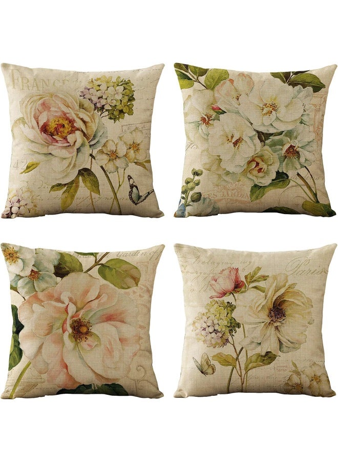 WOMHOPE WOMHOPE Set of 4 Vintage Spring Flower Decorative Throw Pillow Covers Pillow Cases Cushion Cases Burlap Toss Throw Pillow Covers 18 x 18 Inch for Living RoomCouch and Bed Beige Flower  - Image 5