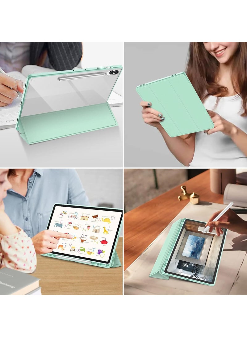 Case for Samsung Galaxy Tab S9 Plus/S9 Fe Plus 12.4 Inch with S Pen Holder Clear Transparent PC Back, Shockproof Tri Fold Stand Tablet Cover Auto Wake/Sleep (Mint Green) - Image 3