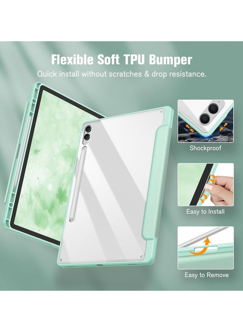 Case for Samsung Galaxy Tab S9 Plus/S9 Fe Plus 12.4 Inch with S Pen Holder Clear Transparent PC Back, Shockproof Tri Fold Stand Tablet Cover Auto Wake/Sleep (Mint Green) - Image 5