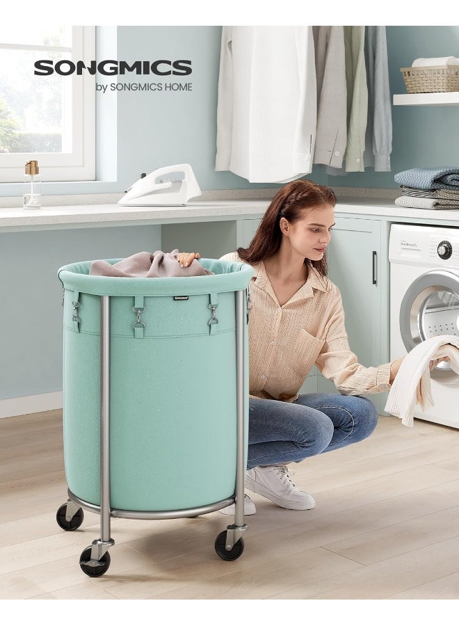 SONGMICS سلة غسيل SONGMICS بعجلات، سلة غسيل متحركة، سعة 29 جالون، عربة غسيل دائرية بإطار فولاذي وحقيبة قابلة للإزالة، 4 عجلات و2 فرامل، أخضر نعناعي وفضي معدني - Image 2