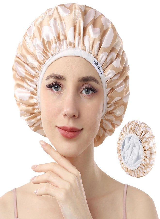 Years calm Terry Lined Shower Cap, Triple Layer Heart Motifs,Waterproof Reusable Elastic,Hair Shower Cap for Women,Terry Cloth Shower Caps for Spa,Clean,Trave (Beige, One Size) - Image 1