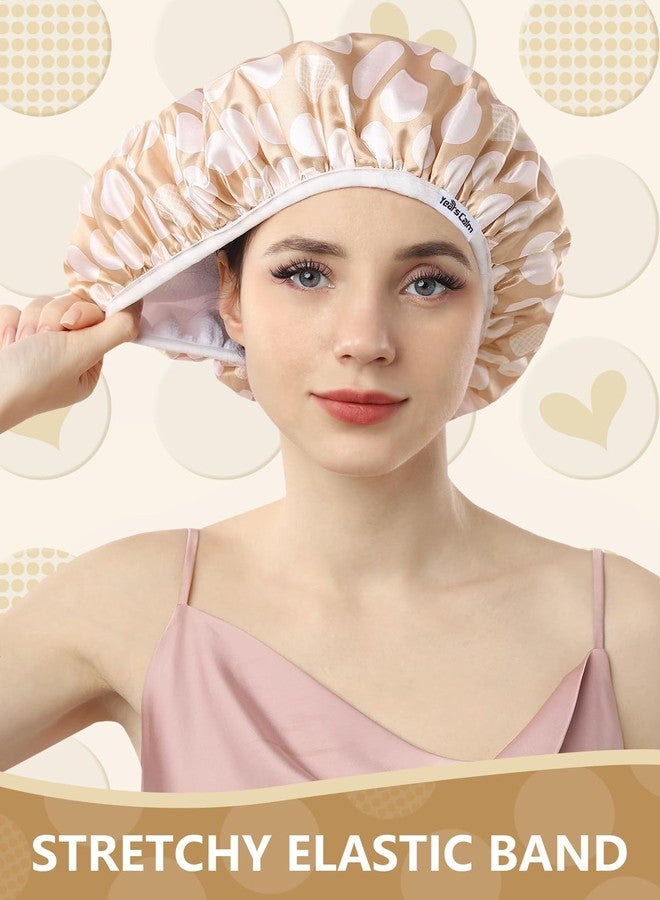 Years calm Terry Lined Shower Cap, Triple Layer Heart Motifs,Waterproof Reusable Elastic,Hair Shower Cap for Women,Terry Cloth Shower Caps for Spa,Clean,Trave (Beige, One Size) - Image 4
