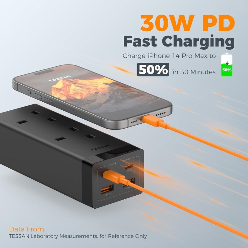 تيسان سلك تمديد TESSAN مع 4 منافذ USB، شاحن سريع USB C بقدرة 30 واط مع مقبس تمديد ثنائي الاتجاه، شريط طاقة محمي من زيادة التيار بطول 2 متر، محول متعدد المقابس بقدرة 3250 واط للاستخدام المنزلي والمكتبي والمدرسي - Image 3
