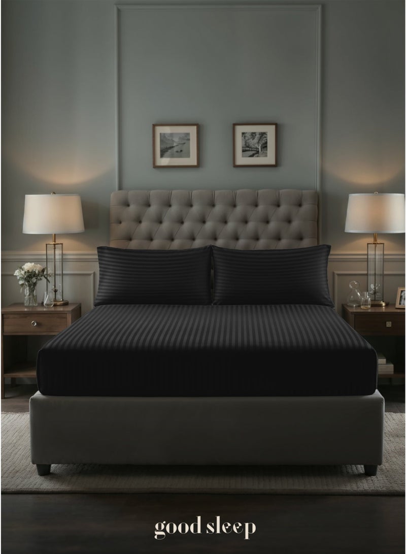 Good Sleep Premium Striped Bedding Set – 3-Piece Black | King Size 220x240 cm | Ultra-Soft, Wrinkle-Resistant & Made in Dubai | Includes Fitted Sheet & 2 Pillowcases - Image 3