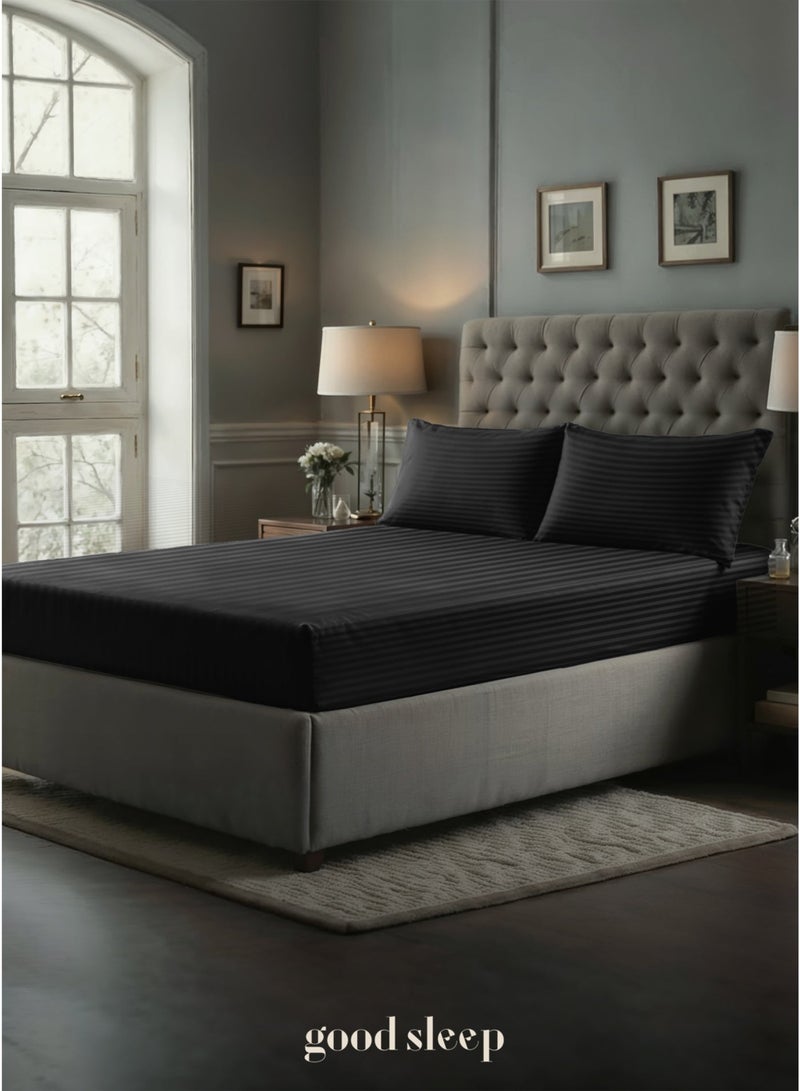 Good Sleep Premium Striped Bedding Set – 3-Piece Black | King Size 220x240 cm | Ultra-Soft, Wrinkle-Resistant & Made in Dubai | Includes Fitted Sheet & 2 Pillowcases - Image 1