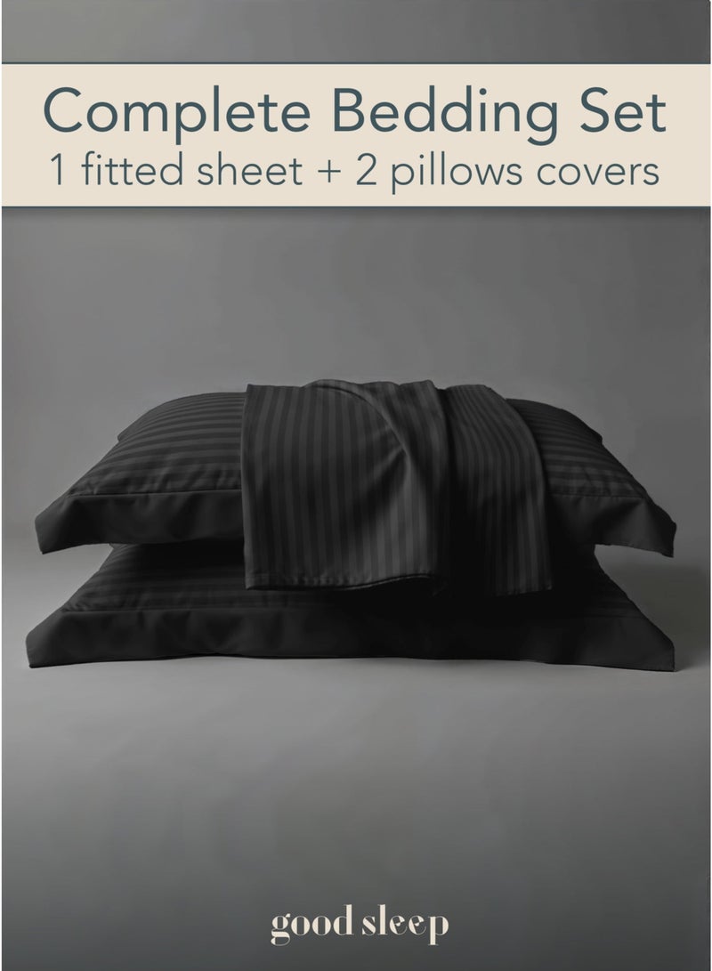 Good Sleep Premium Striped Bedding Set – 3-Piece Black | King Size 220x240 cm | Ultra-Soft, Wrinkle-Resistant & Made in Dubai | Includes Fitted Sheet & 2 Pillowcases - Image 2
