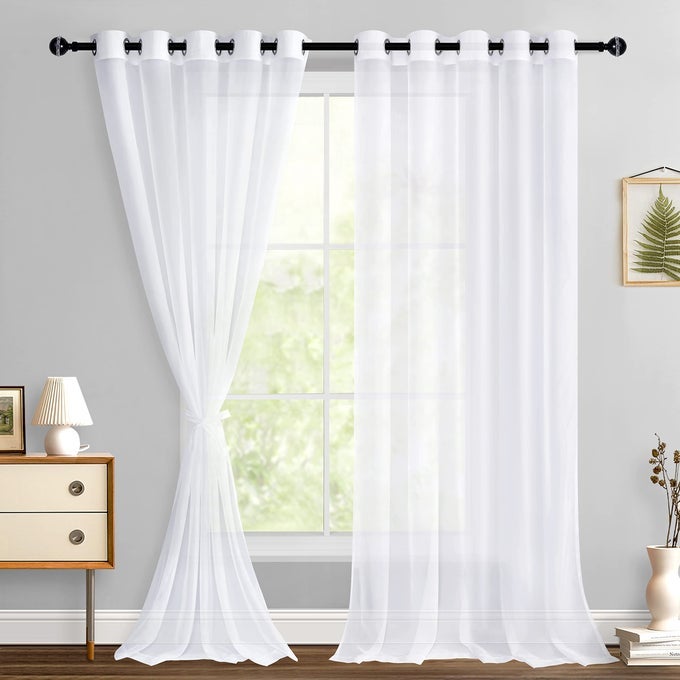 White Sheer Curtains for Bedroom with Tiebacks Grommet Light Filtering Extra Wide Voile Window Curtains for Living Room Kids Room and Nursery W60 x L96 Set of 2 Soft Drape Panels