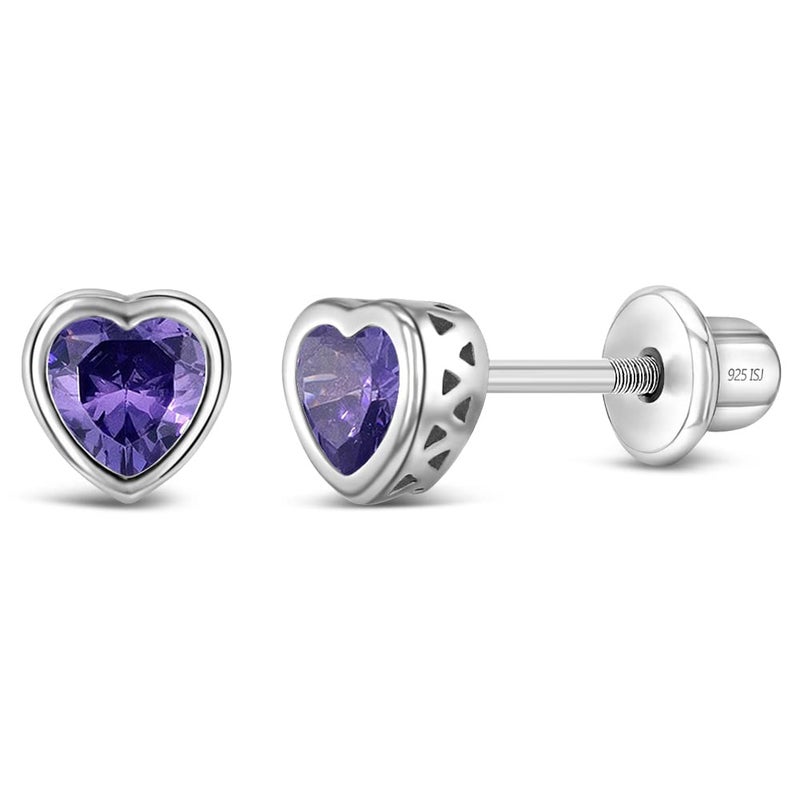 In Season Jewelry 925 Sterling Silver 5mm Simulated Amethyst Birthstone Heart Screw Back Earrings for Toddlers & Little Girls - Heart Screw Back Earrings for Children - Purple CZ Heart Earrings for February Birthday - Image 1